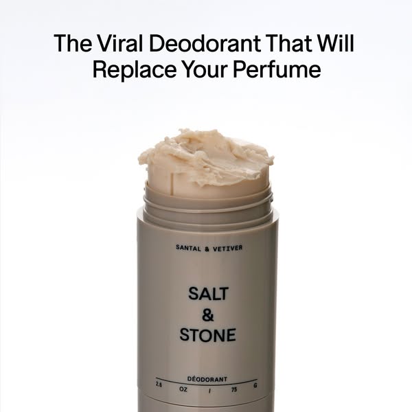 This ad promotes Salt & Stone deodorant as a replacement for perfume, highlighting its viral popularity.