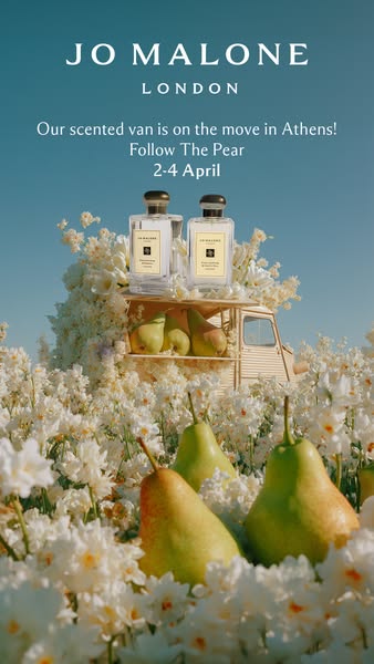 This image ad for Jo Malone London promotes their scented van event in Athens from April 2-4, encouraging viewers to 