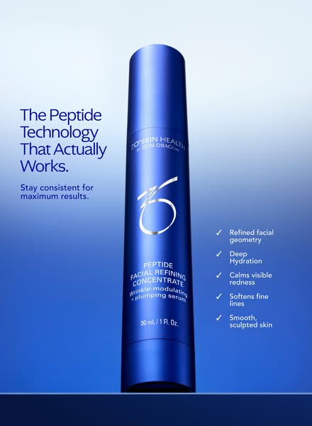This image ad promotes ZO Skin Health's Peptide Facial Refining Concentrate. The ad highlights the product's pep