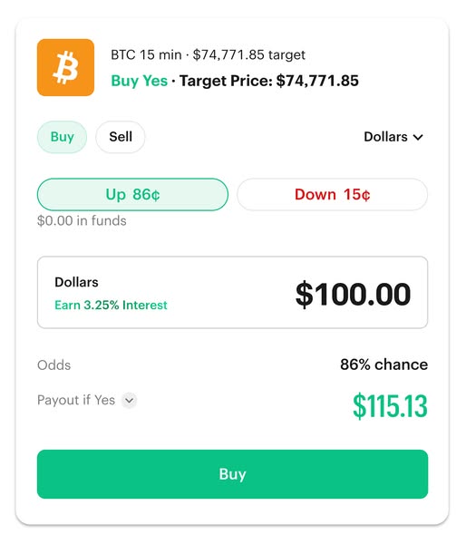 This ad promotes the option to 'Buy' BTC within a 15-minute window based on a target price of $74,771.85. The ad
