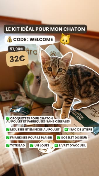 This ad showcases a kitten starter kit. It features a kitten on top of the box with the product, a discount code, and pr