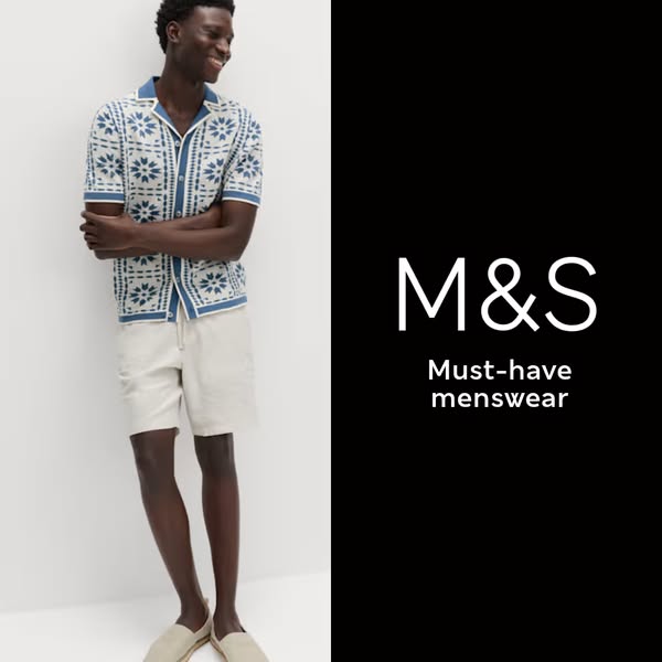 This ad features a man in a short sleeve button down and shorts. The ad is promoting must-have menswear. The ad features