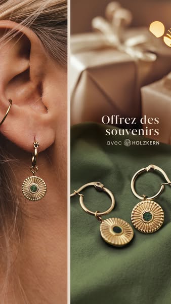 This ad showcases a pair of gold earrings from HOLZKERN. One earring is shown being worn while the other is displayed on