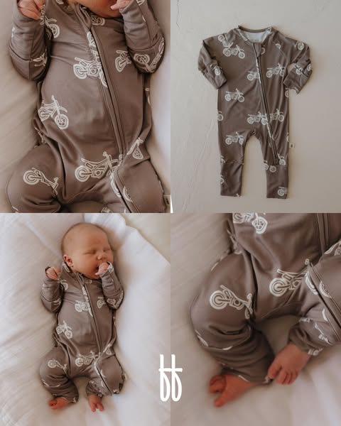 This ad features a collage of a baby wearing a brown onesie covered in white motorcycle images, as well as a solo produc
