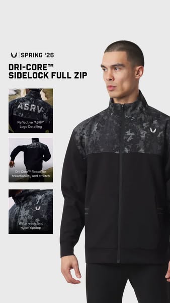 This ad features a man wearing a black DRI-CORE™ SIDELOCK FULL ZIP jacket by ASRV. The ad highlights the jacket's re