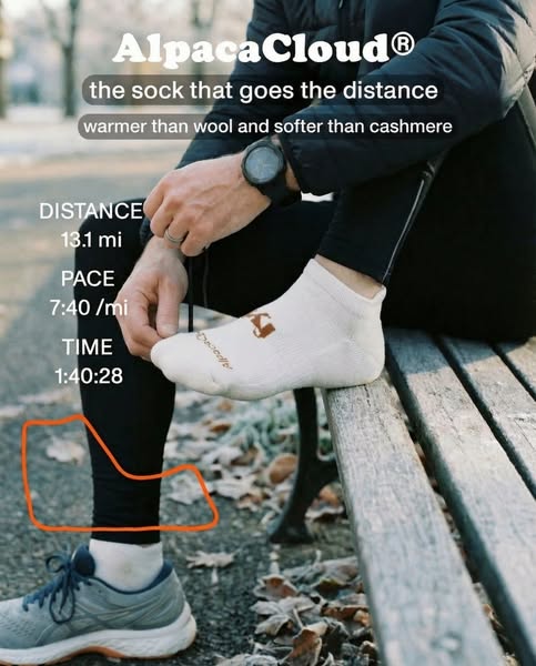 This ad showcases Alpaca Cloud socks, highlighting their comfort and performance for activities like running. The ad fea