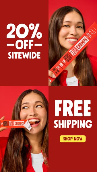 This image ad for Chomps features a young woman enjoying a Chomps beef stick. The ad promotes a site-wide discount of 20