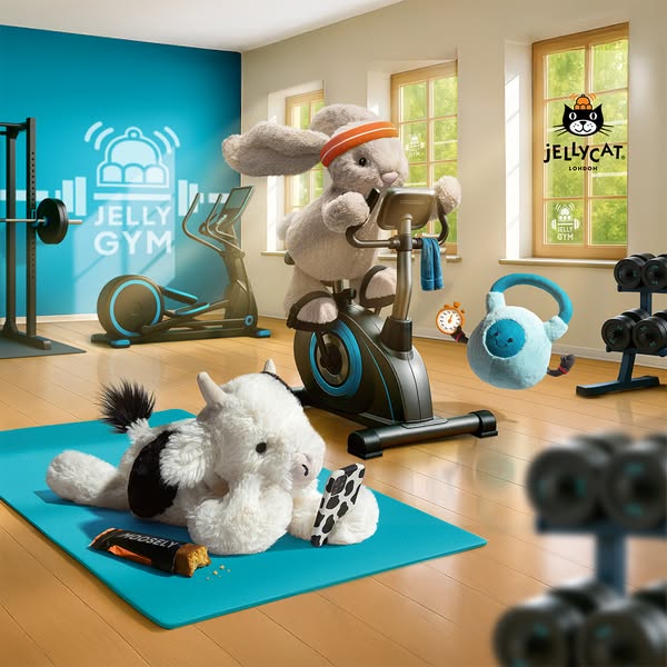 This ad features Jellycat plush toys in a gym setting. A bunny plush is on an exercise bike, a cow plush is on a yoga ma