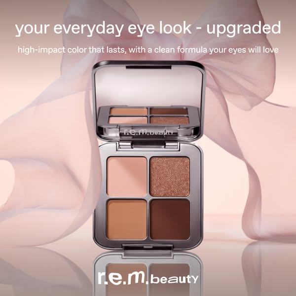 A close up of a r.e.m. beauty eyeshadow quad, highlighting the color and formula.