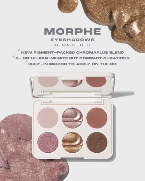 This ad promotes Morphe eyeshadow palettes, highlighting the product's features, compact size, and built-in mirror.