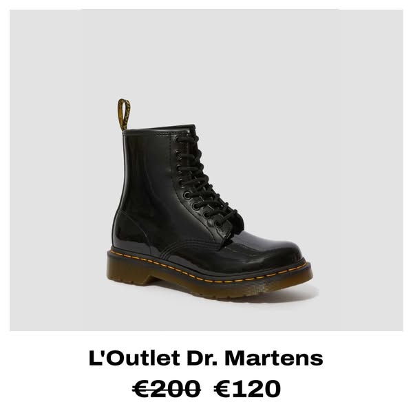 The ad features a glossy black Dr. Martens boot with the original price crossed out and the sale price listed below.