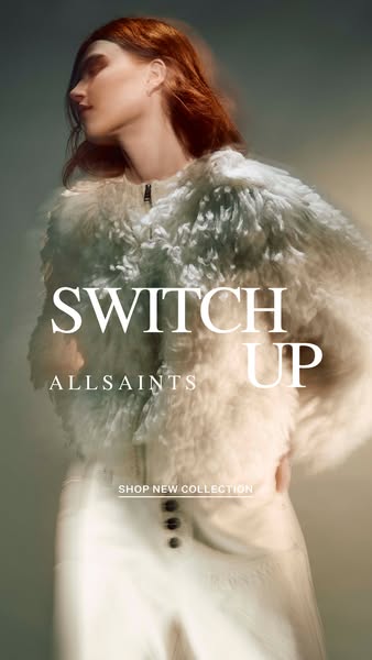 This ad showcases Allsaints' new collection, highlighting a model wearing a white shearling jacket and white pants. 