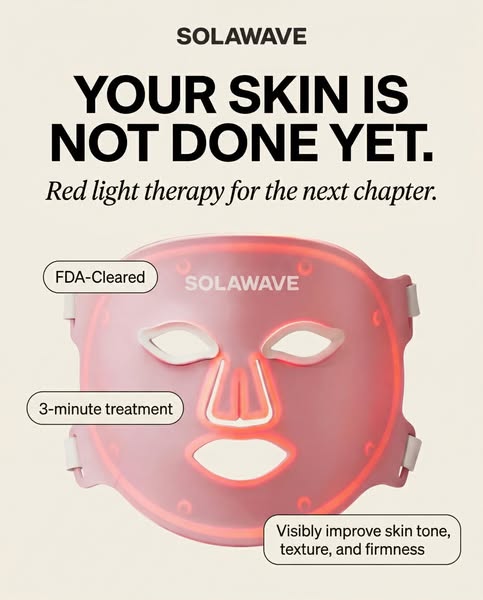 This image ad for Solawave features a red light therapy mask and promotes its ability to visibly improve skin tone, text