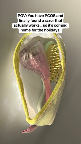 This ad highlights a razor that works for people with PCOS. The ad is a POV shot of a travel bag with a razor inside.