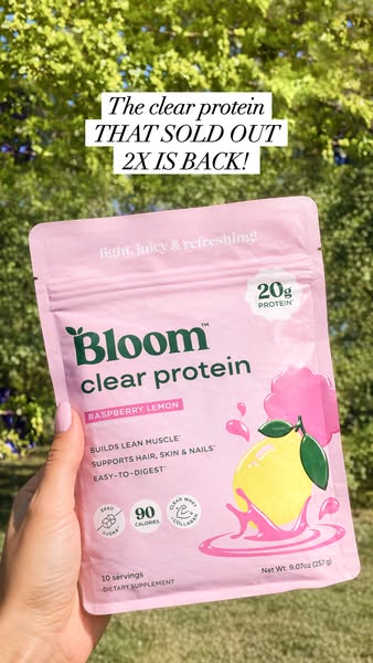 This ad is for Bloom Nutrition's clear protein. It features the raspberry lemon flavor. The headline states that it 