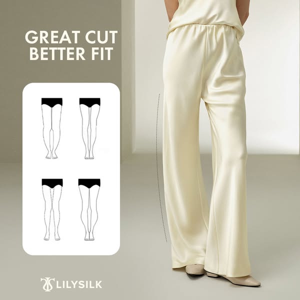 This ad for Lilysilk features a pair of cream-colored silk pants and uses a diagram to highlight the fit.