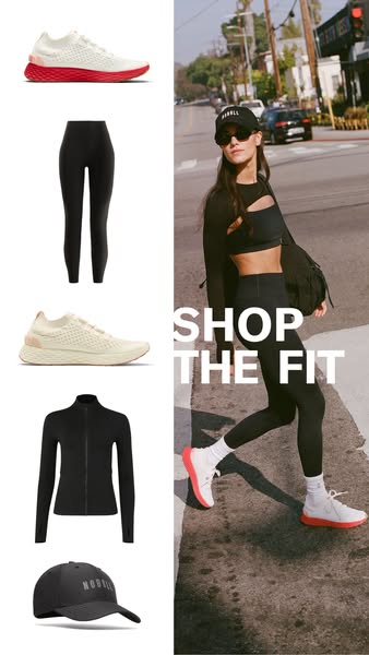 A product gallery for activewear featuring a model wearing a sports bra, jacket, and leggings on a city street.