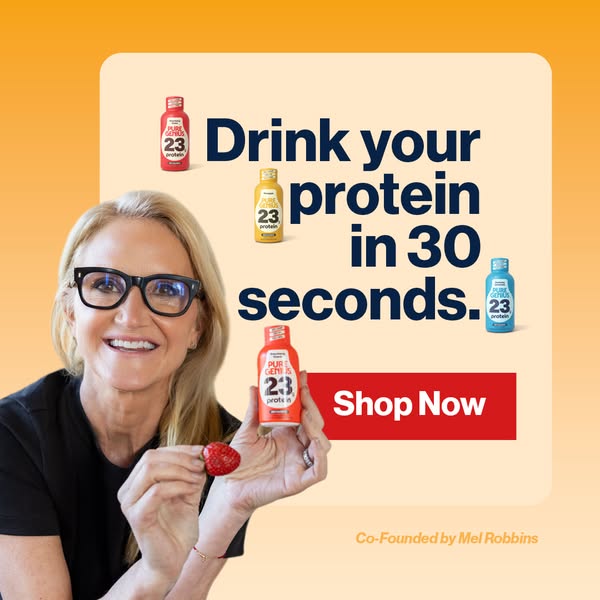 An ad for Pure Genius protein shots featuring Mel Robbins, co-founder. The ad highlights the convenience of drinking pro