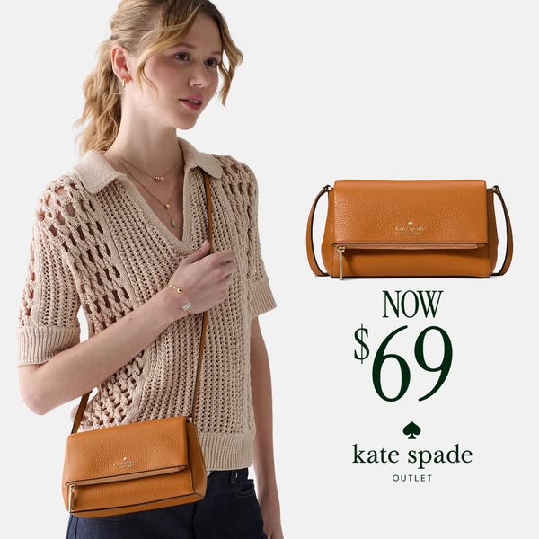 This image ad for Kate Spade Outlet features a woman wearing the brand's purse and promotes a special offer. The foc
