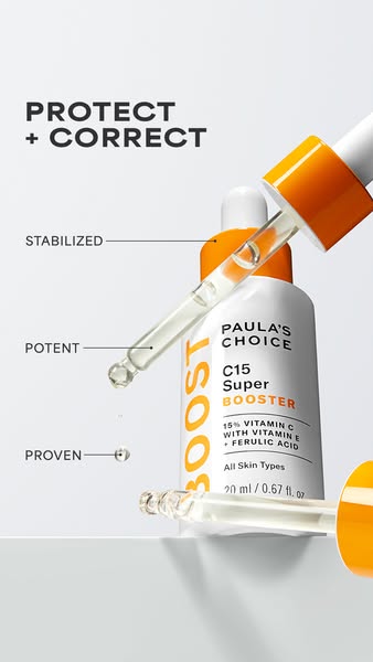 This ad showcases Paula's Choice C15 Super Booster, highlighting its key features and benefits, such as stabilized f