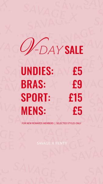 This ad features a pink background with red text listing prices for Savage X Fenty products as part of a Valentine's