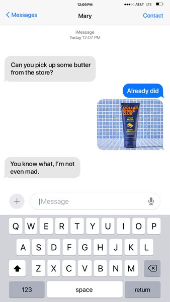 This ad uses a mock text message exchange to show how Dollar Shave Club’s butter shave cream addresses the need for a qu