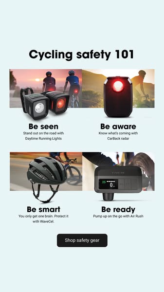 The image is a Meta image ad showcasing the features and benefits of cycling safety gear, including lights, radar, a hel
