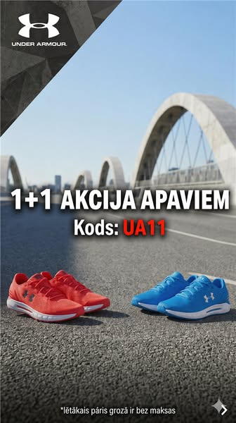 An Under Armour ad featuring a 1+1 offer on footwear. It showcases a pair of red and a pair of blue Under Armour sneaker