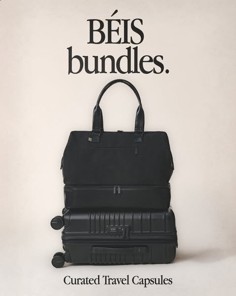 This ad showcases a set of black travel bags and luggage from BÉIS, emphasizing the brand's curated travel capsules.