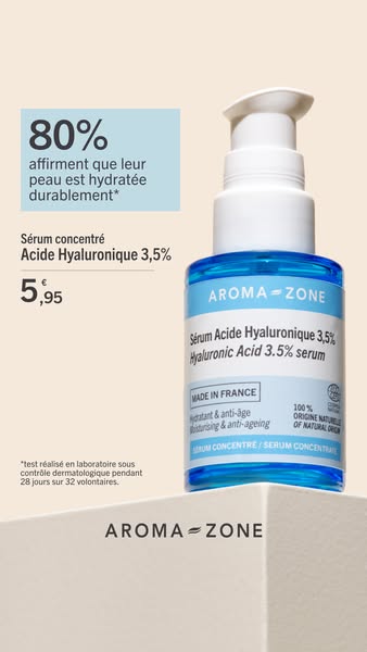 This image ad showcases Aroma-Zone's concentrated hyaluronic acid serum, highlighting its hydrating properties and p