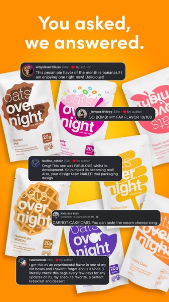 This ad showcases customer testimonials about various Oats Over Night flavors, presented in the style of social media co