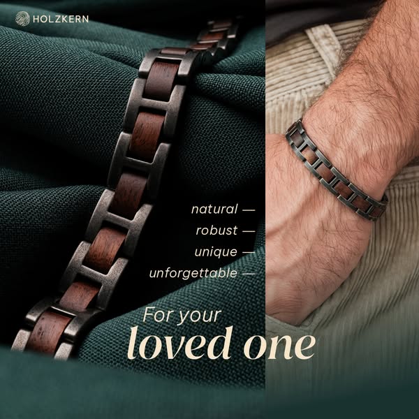 An ad for Holzkern bracelets, highlighting the natural and unique aspects of the product and recommending it as a gift.