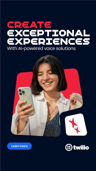 This image ad promotes Twilio's AI-powered voice solutions, emphasizing the creation of exceptional experiences. It 
