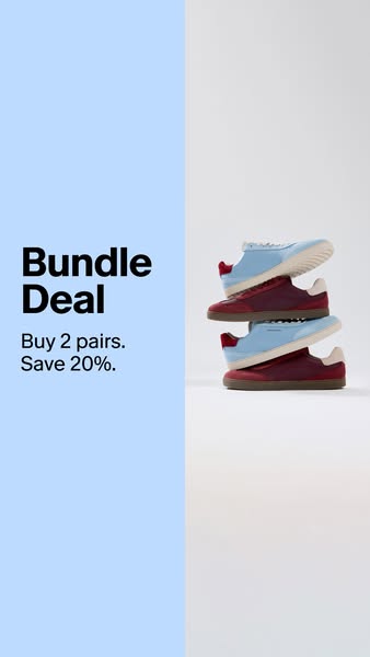 This image ad promotes a shoe brand, highlighting a special bundle deal. The ad features a stack of shoes against a dual