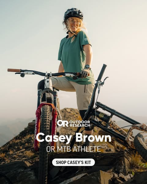 This ad features an outdoor athelete, Casey Brown, wearing and using gear by Outdoor Research. The image features Casey