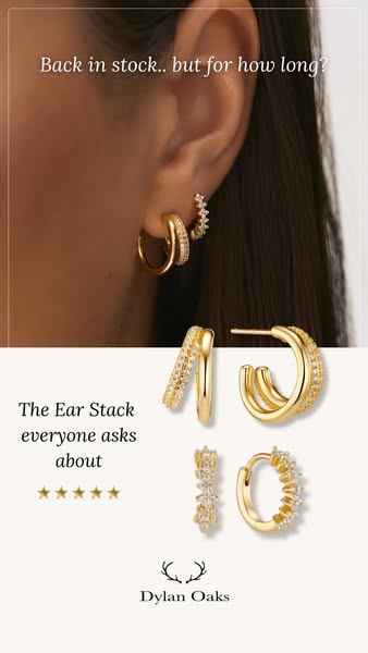 An advertisement for Dylan Oaks jewelry showcasing a collection of gold earrings that can be combined into an ear stack.