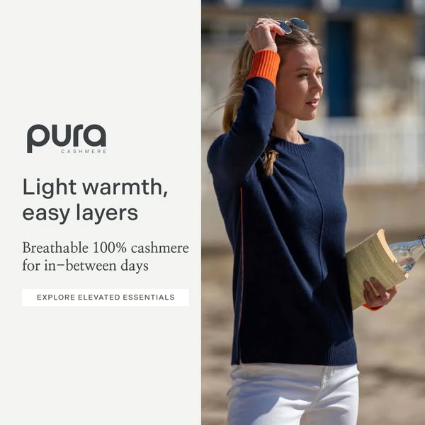 This ad showcases a blue pura CASHMERE sweater. The ad highlights the sweater's lightweight warmth and breathability