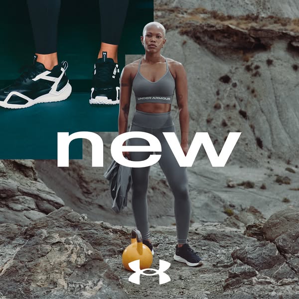 The ad showcases new Under Armour athletic apparel and footwear within an outdoor fitness context.