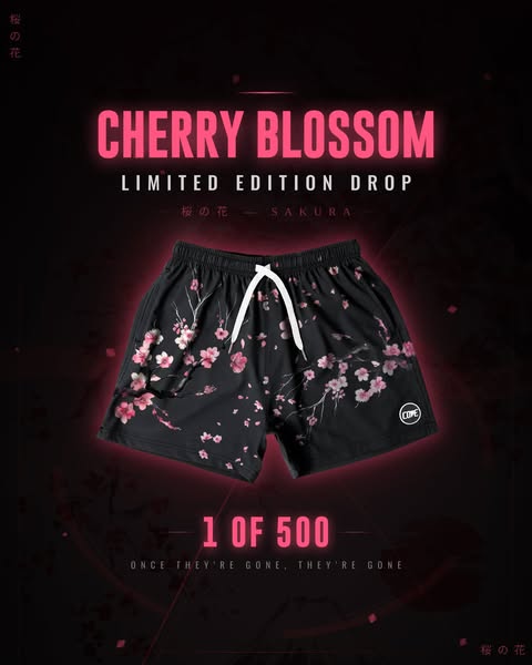 This image ad showcases black shorts with a pink cherry blossom design, emphasizing their limited edition status and exc