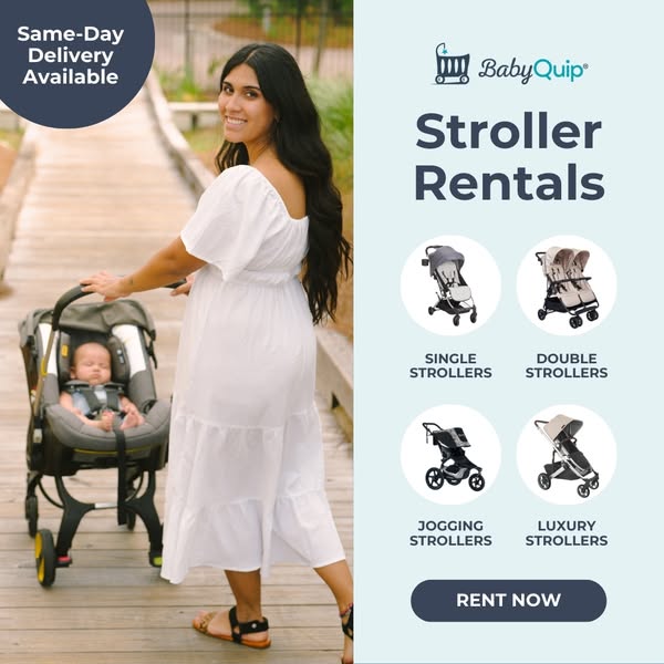 This ad is for BabyQuip, a stroller rental service. The ad shows a woman pushing a stroller with a baby in it. The ad al