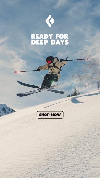 This ad by Black Diamond promotes their products for skiing. The ad features an image of a skier jumping through the air