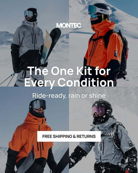 This ad showcases Montec's outerwear, emphasizing its versatility for all weather conditions and offering free shipp