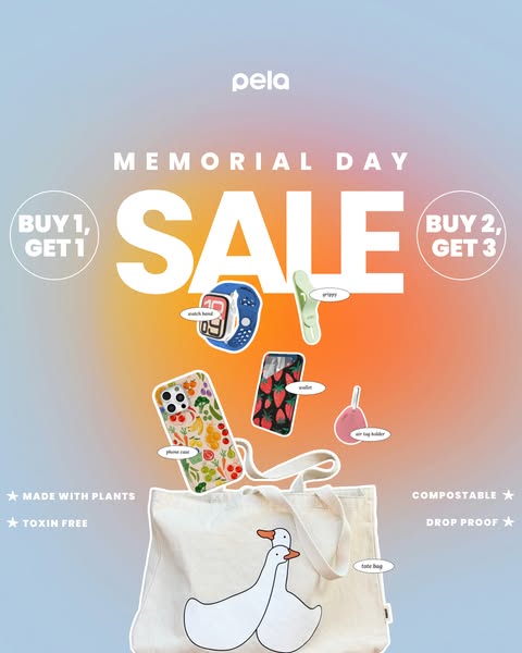 This image ad showcases a range of Pela products in an aesthetically pleasing way, highlighting a limited-time Memorial 
