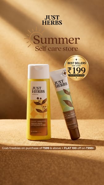 This static image ad by Just Herbs advertises their skincare products, the Golden Glow Ubtan Face Wash and Nourishing Un