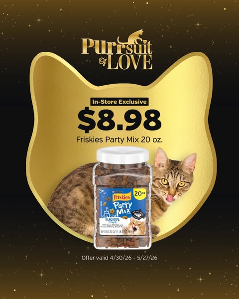 This image ad promotes Friskies Party Mix cat treats, highlighting an in-store exclusive price of $8.98 for a 20 oz cont