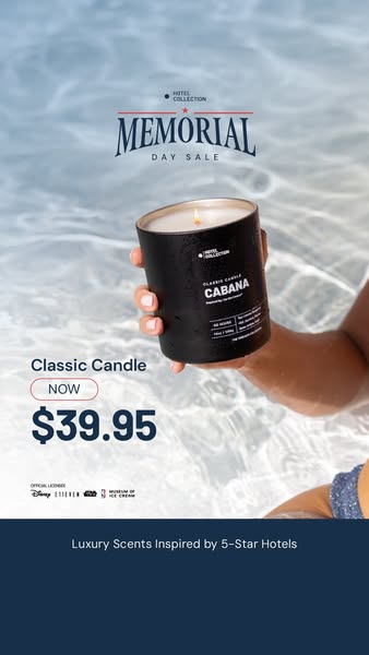 This ad promotes Hotel Collection's Memorial Day Sale for a Classic Candle, specifically the Cabana scent. The candl
