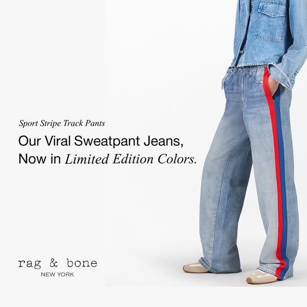 This ad for Rag & Bone features an image of light-wash jeans with red and blue racing stripes, which they call '
