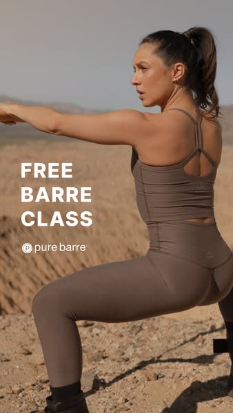 An image ad for Pure Barre features a woman outdoors in athletic wear offering a free barre class.