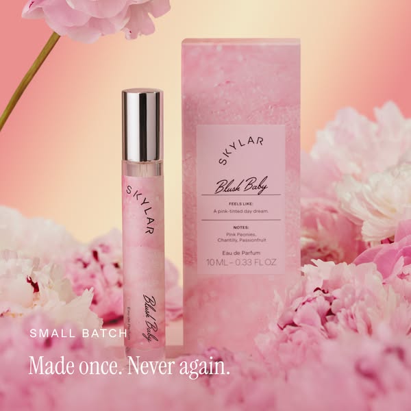 This image ad showcases Skylar's Blush Baby perfume, emphasizing its limited batch and delicate floral notes.