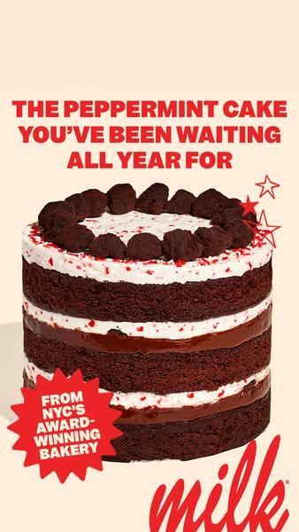 This ad showcases Milk Bar's Peppermint Cake, emphasizing its seasonal availability and award-winning bakery origin.